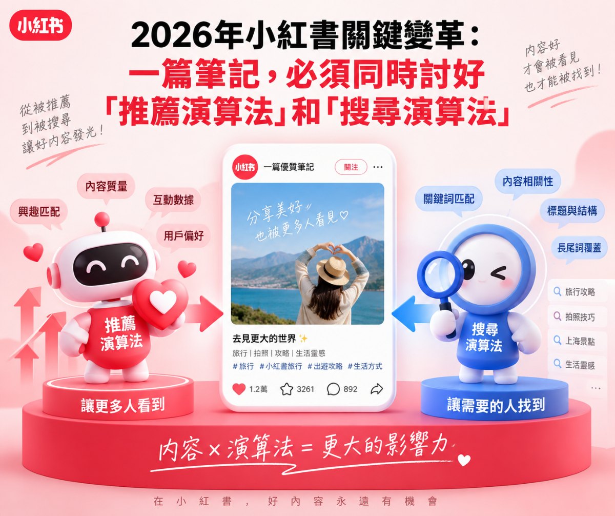 2026 小紅書關鍵變革:一篇筆記,必須同時討好推薦演算法與搜尋演算法 2026 小紅書雙軌筆記策略示意圖:一篇筆記必須同時通過推薦演算法與搜尋演算法