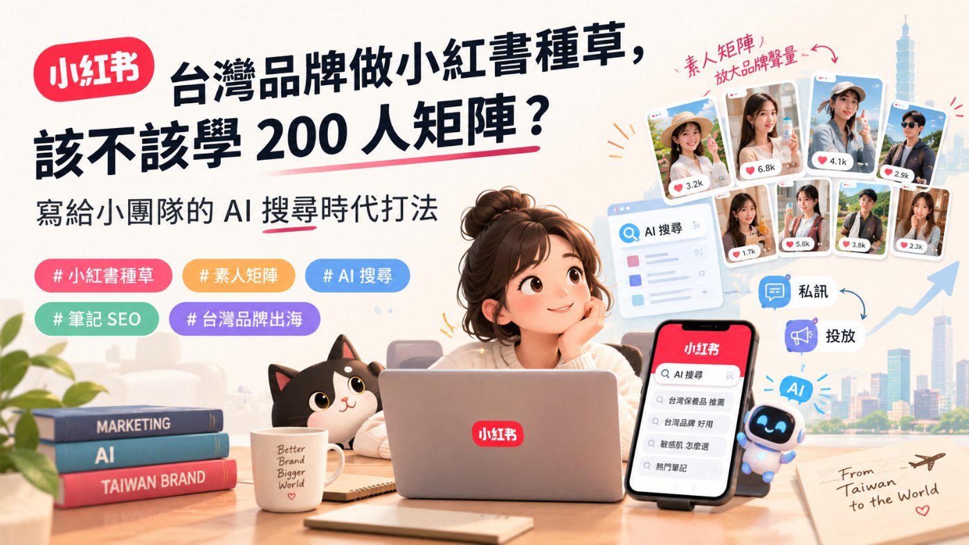 台灣品牌做小紅書種草,該不該學 200 人矩陣?寫給小團隊的 AI 搜尋時代打法 台灣品牌小紅書素人矩陣種草示意圖:AI 搜尋、私訊與投放進入小紅書全鏈路